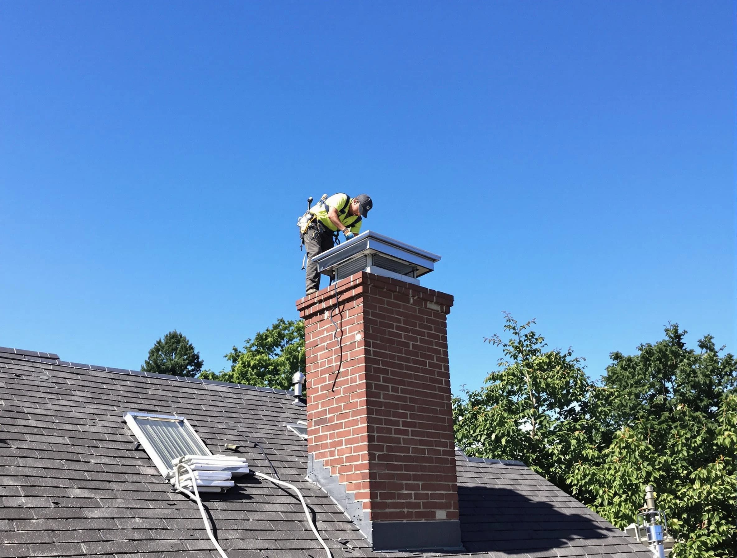 Hendersonville Chimney Sweep technician measuring a chimney cap in Hendersonville, TN